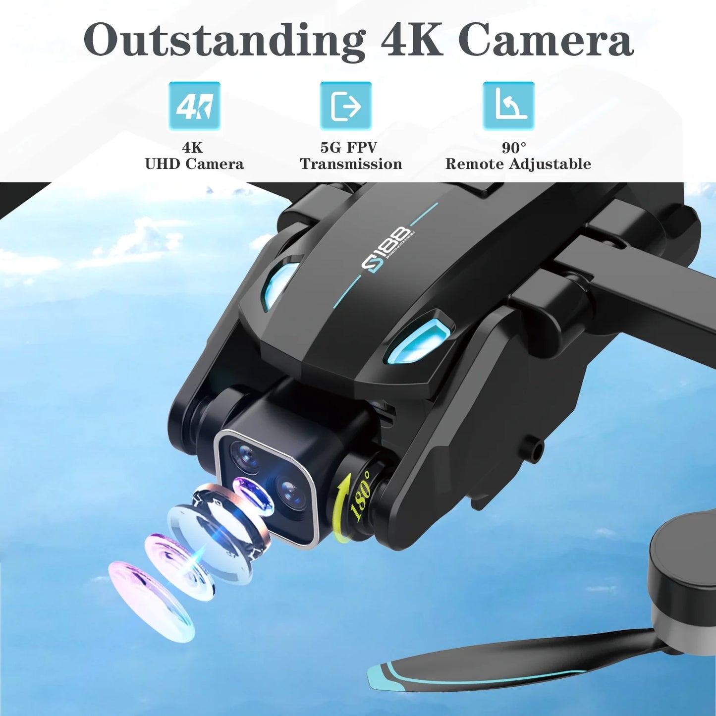 GPS Drones, S188 Foldable RC Drone with 4K HD Camera for Adults, Long Flying Time, Follow Me, 2 Batteries