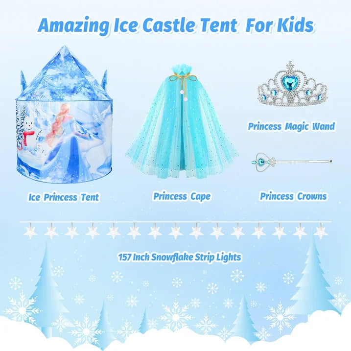 Play Tent for Girls, 53 inch Light up Frozen Ice Castle Playhouse w/ Windows &Doors, Girls Christmas Gift Toy for Indoor/Outdoor Use, Birthday Party Gift for Kids 3 4 5-7 8