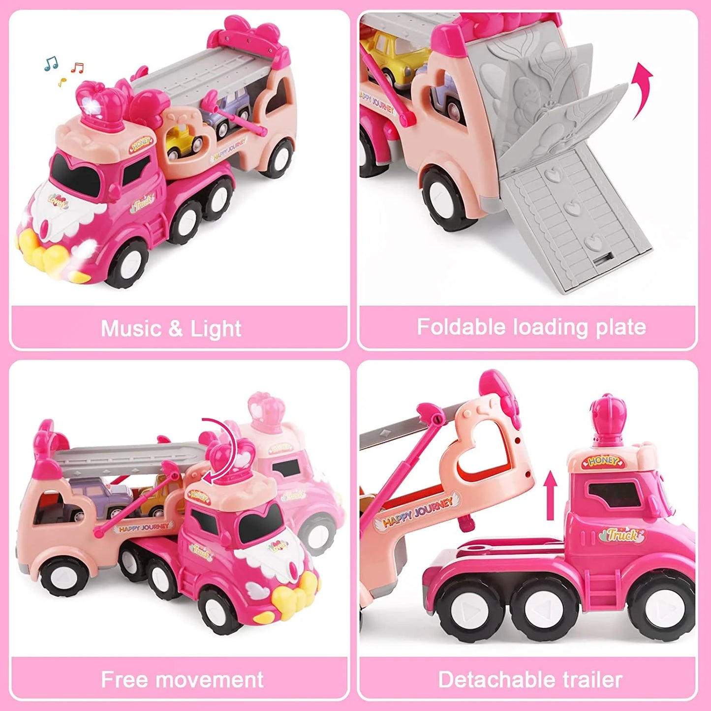 5 in 1 Carrier Car Toy Set, Pink Princess Toys for Girl Toddler Kid, Child Play Birthday Gift Christmas Party Favors