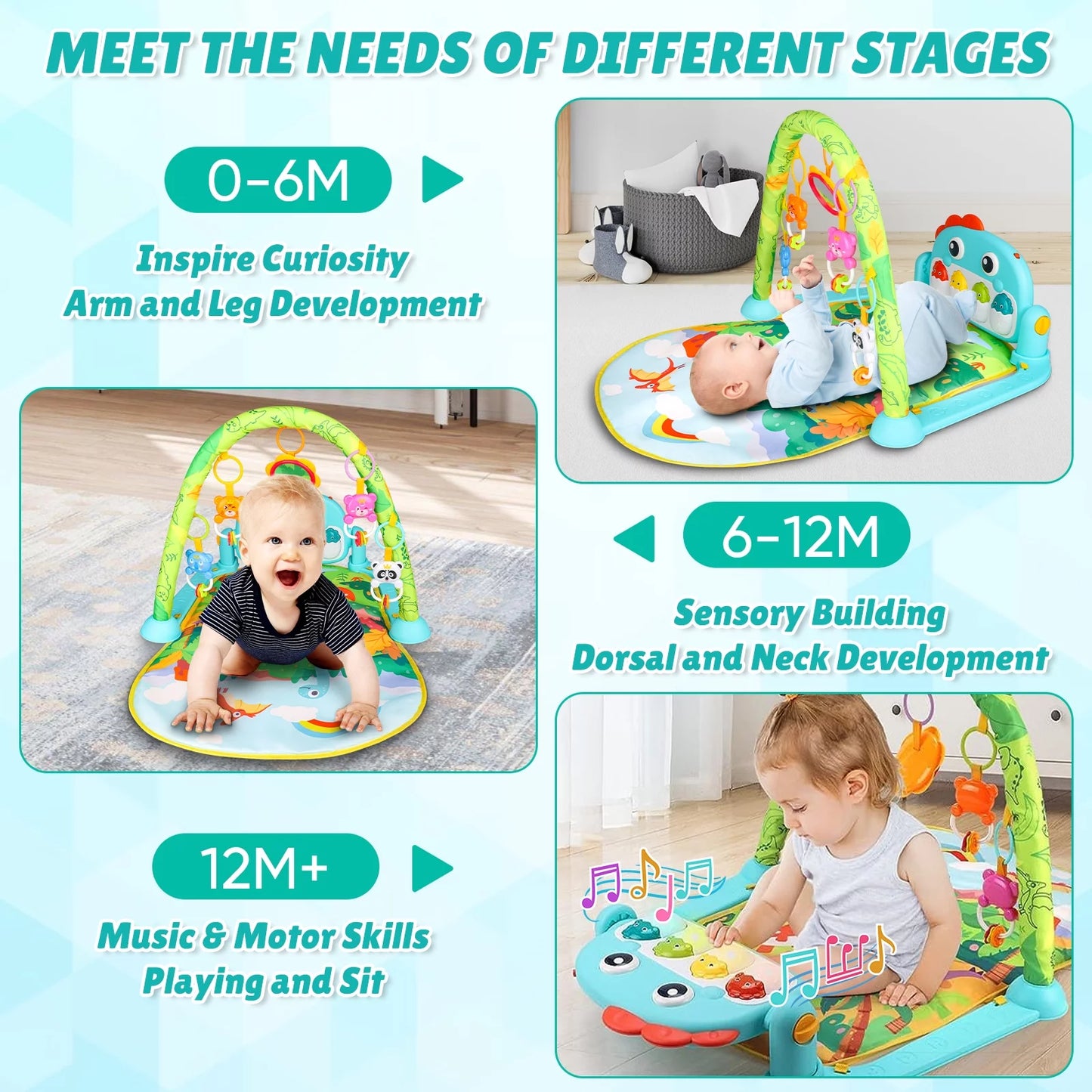 2-in-1 Baby Play Gym Mat with Dinosaur Theme for 0-3 Months+, Light-up Musical Foot Piano and Activity Mat for Early Learning, Christmas Birthday Newborn Baby Gifts for Boys Girls