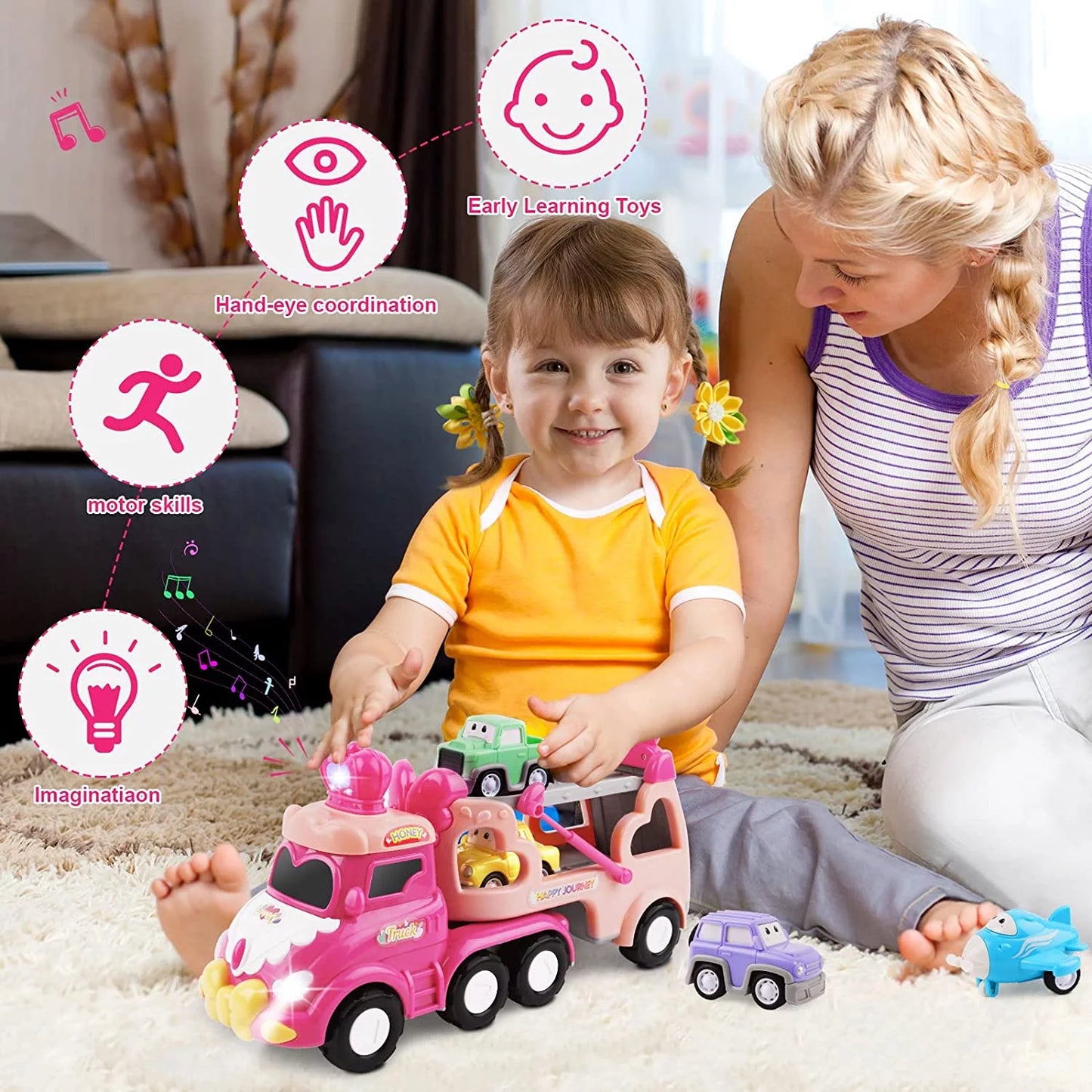 5 in 1 Carrier Car Toy Set, Pink Princess Toys for Girl Toddler Kid, Child Play Birthday Gift Christmas Party Favors