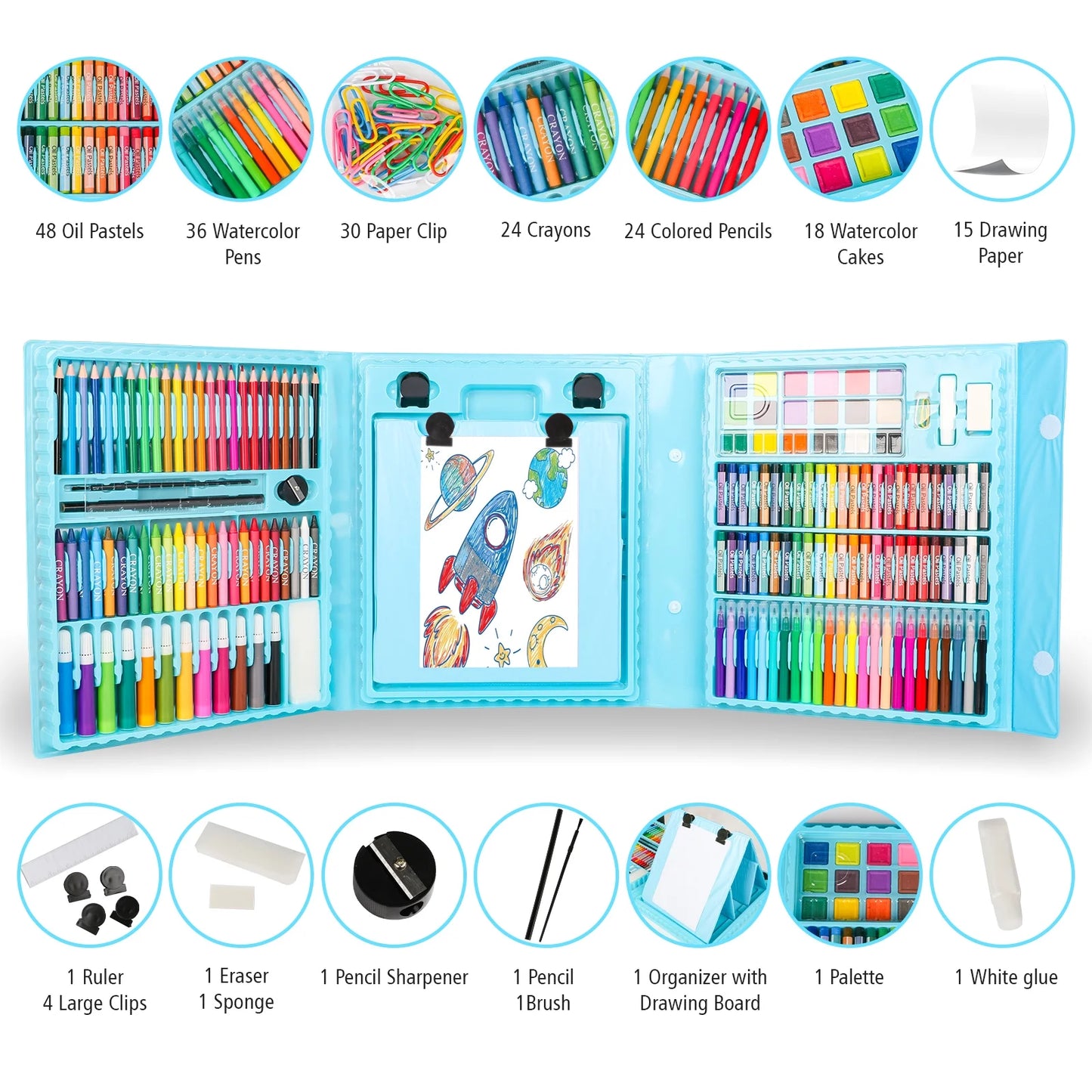 Kids Art Set, Trifold Easel Drawing Kit, 208 Pcs Color Set, Art Supplies for Kids 4-8, Perfect Coloring Kit, Drawing Kit, Arts & Crafts for School Supplies(Blue)