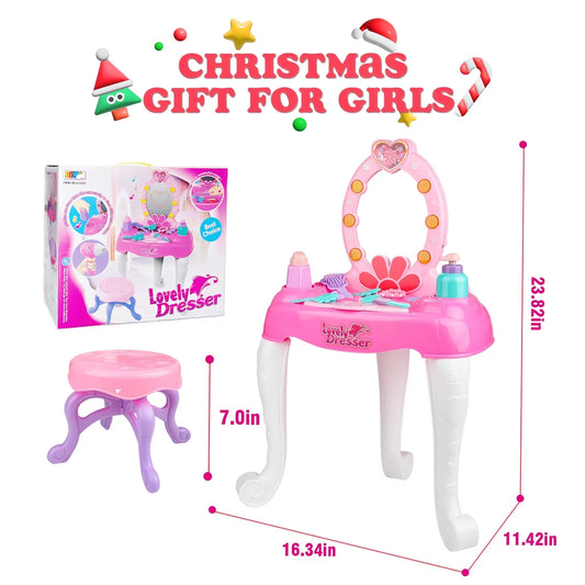 Baby Girls Vanity - Pink Pretend Makeup Set Toy for Toddlers, with Mirror and Stool, Princess Vanity Toys for 3 4 5 6 Years Old Girls, Birthday Christmas Girls Gift