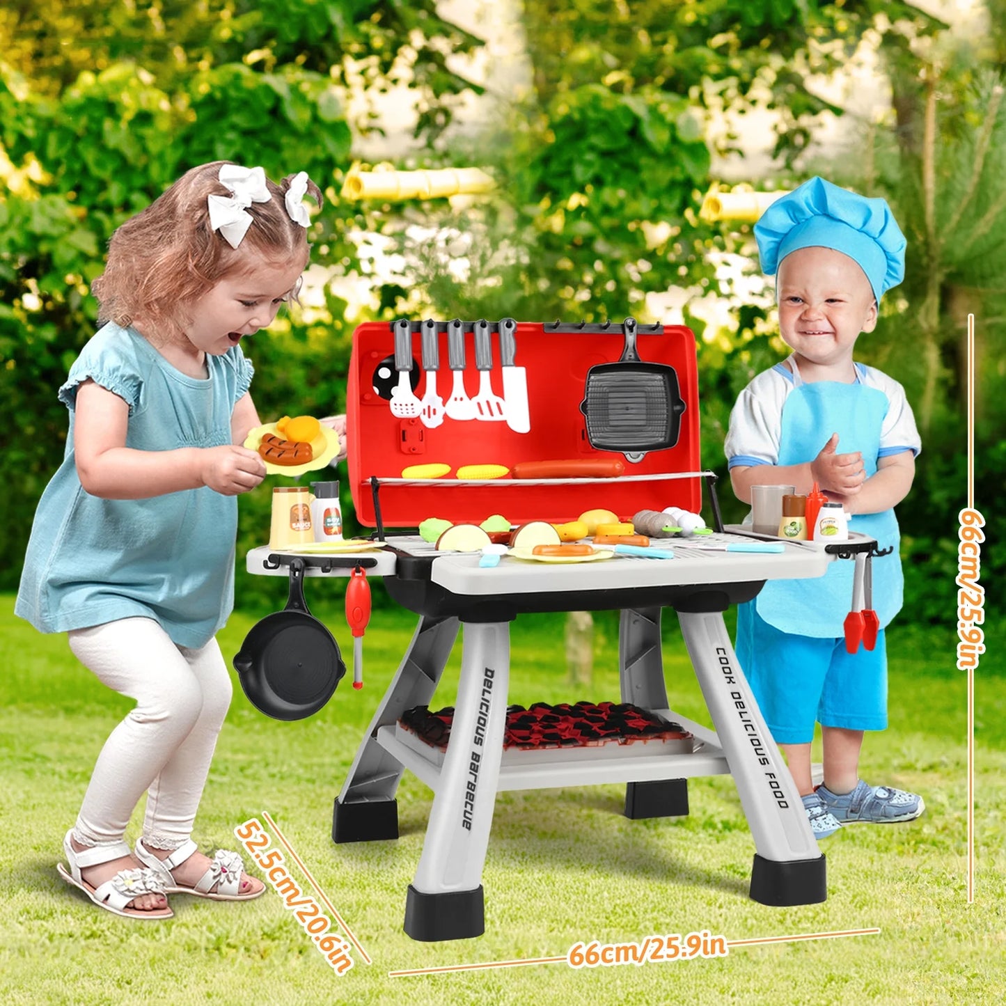 41 PCS Kids BBQ Grill Set, Toddler Play Kitchen Toys for Ages 2 3 4 5 6, Toddler Outdoor Camping Cooking Set Toys, Play Food Birthday Christmas Gift.