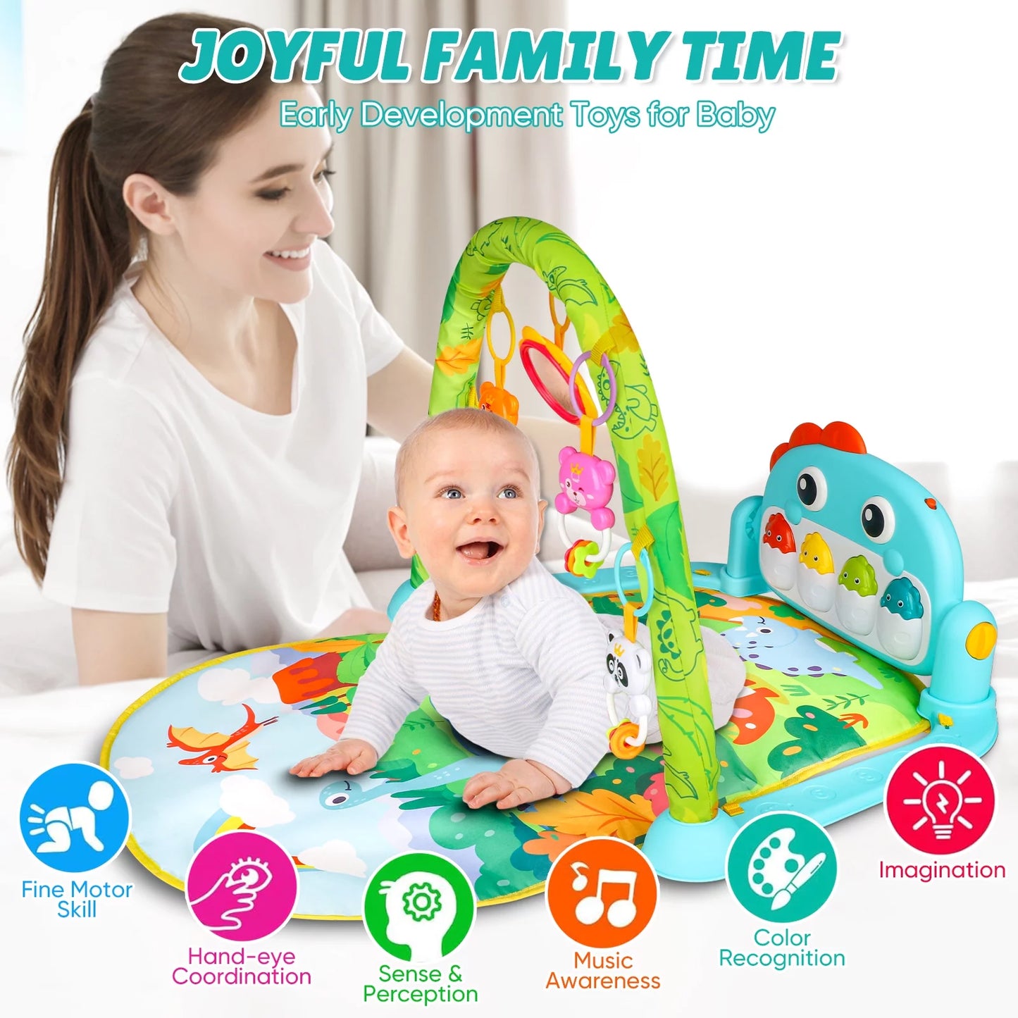 2-in-1 Baby Play Gym Mat with Dinosaur Theme for 0-3 Months+, Light-up Musical Foot Piano and Activity Mat for Early Learning, Christmas Birthday Newborn Baby Gifts for Boys Girls