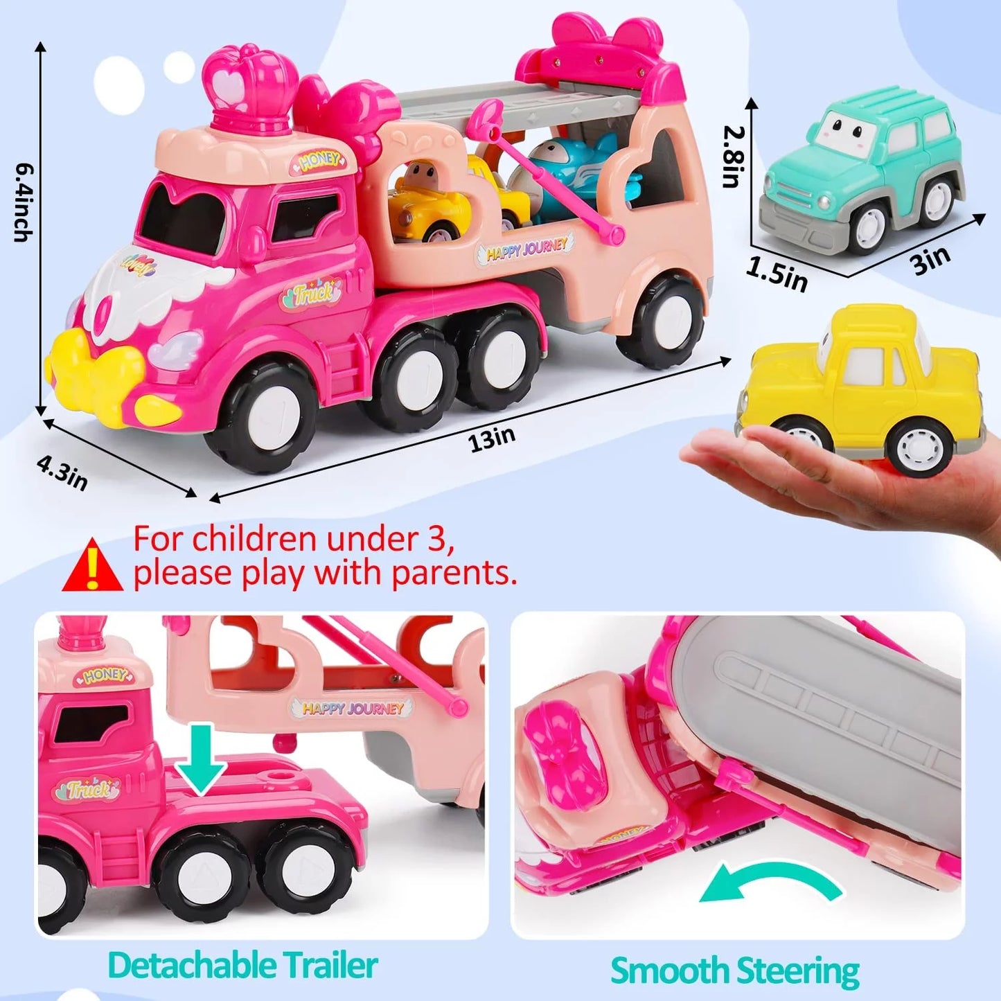 5 in 1 Carrier Car Toy Set, Pink Princess Toys for Girl Toddler Kid, Child Play Birthday Gift Christmas Party Favors