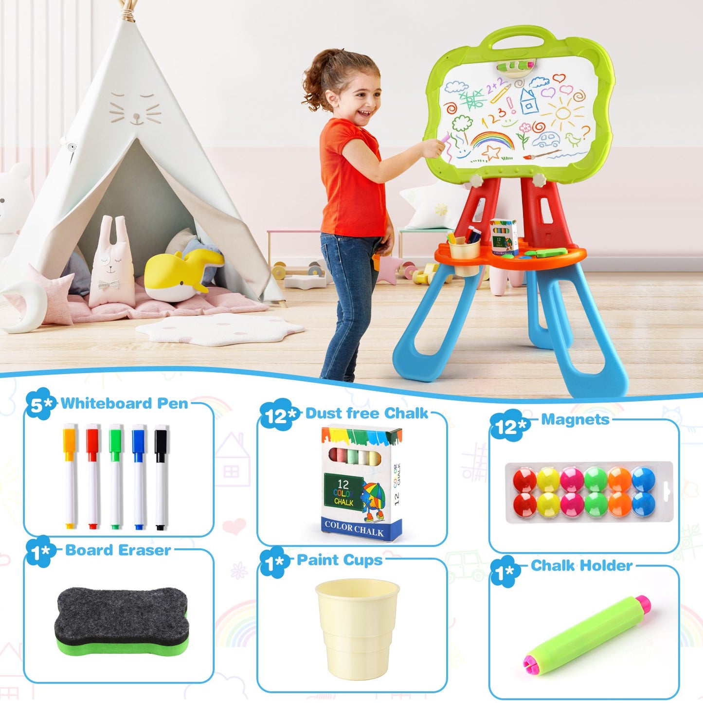 Flip-Over Double-Sided Kids Art Easel, Standing Art Easel for Toddler, Double Magnetic Drawing Board with Painting Accessories, Birthday Christmas Gift for 3，4，5，6+ Little Boys and Girls-Blue