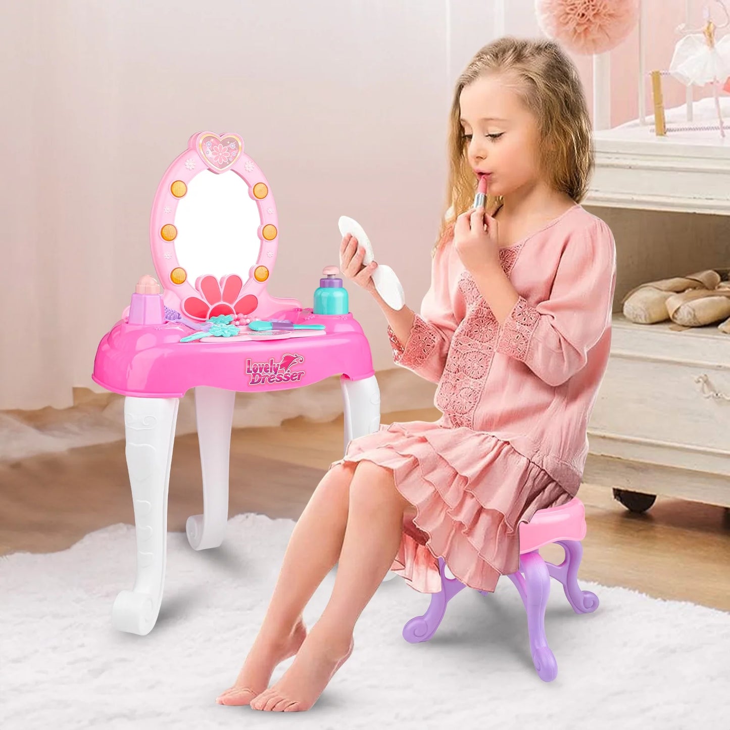 Baby Girls Vanity - Pink Pretend Makeup Set Toy for Toddlers, with Mirror and Stool, Princess Vanity Toys for 3 4 5 6 Years Old Girls, Birthday Christmas Girls Gift