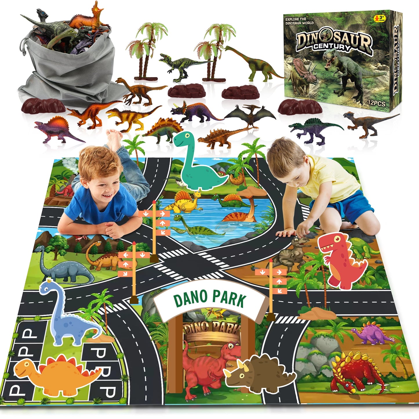 Dinosaur Toys with Dinosaur Figures Educational Realistic Dinosaur Play Set Including Play Mat & Trees Great Gift for Boys & Girls