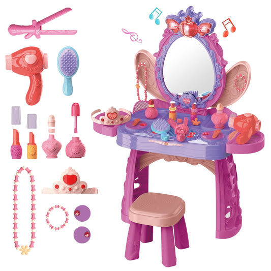 Kids Makeup Vanity Set With Mirror And Stool, 3-8 Years Old Girls Pretend Play & Dress Up Toy,Toddler Vanity Table Set With Accessories And Light And Music Sound(36 PCS)