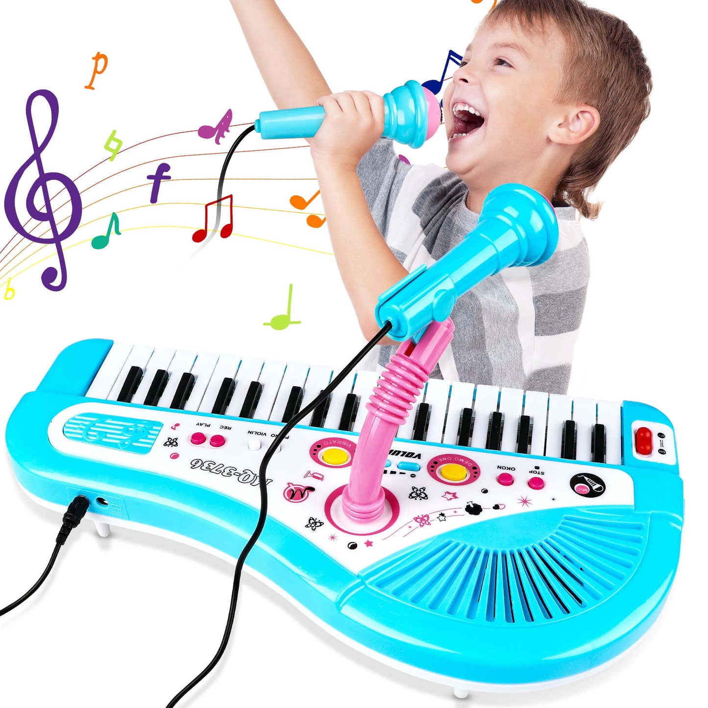 Piano Toy for Kids, Musical Keyboard Blue Instrument with Microphone for Toddlers Baby Girls Boys Aged 4 5 6+