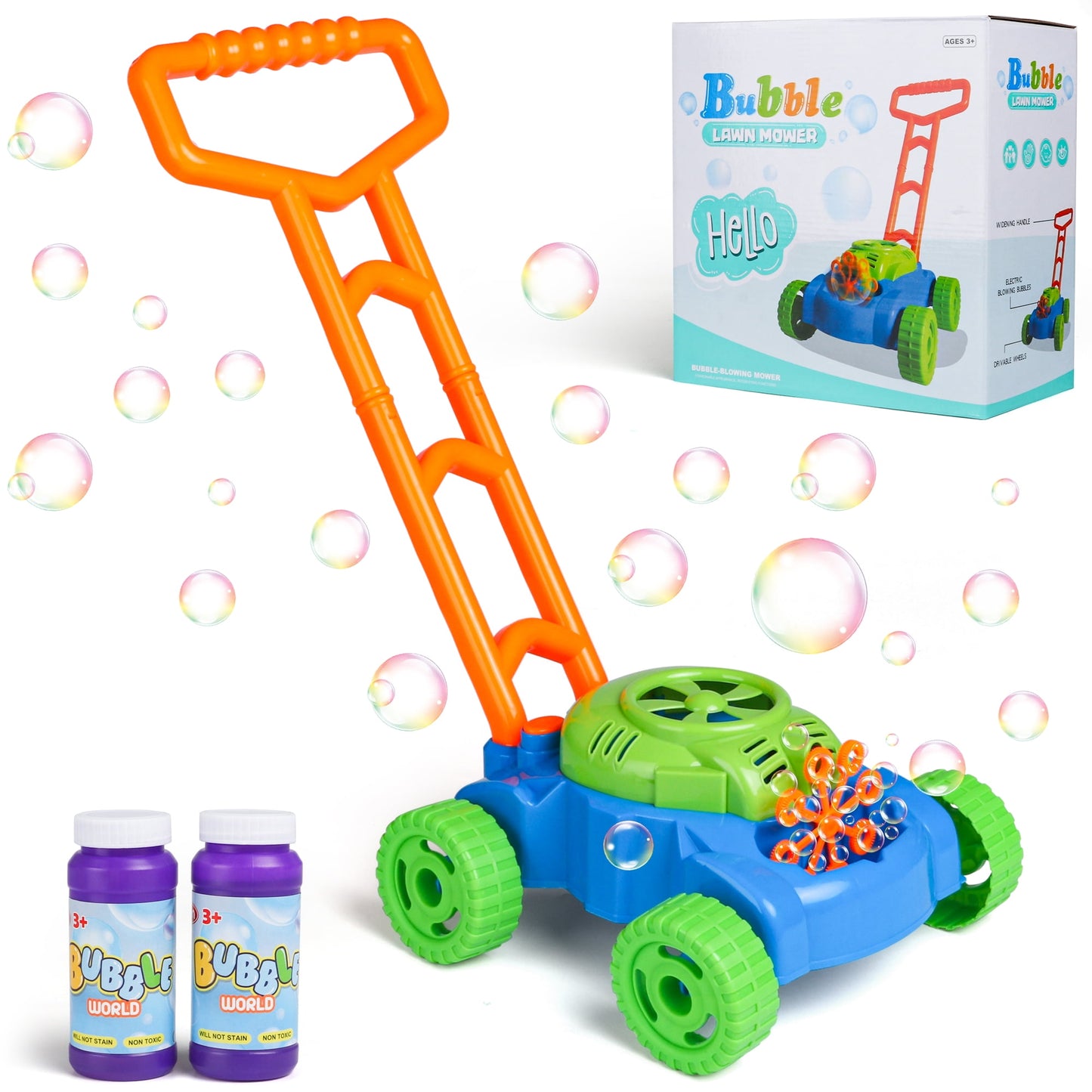 Electric Bubble Lawn Mower for Kids 3 4 5 6, Encourage Outdoor Play, Perfect Parties Toddler Toys Gift for Christmas and Birthday, Automatic Bubble Blower with 2 Solution