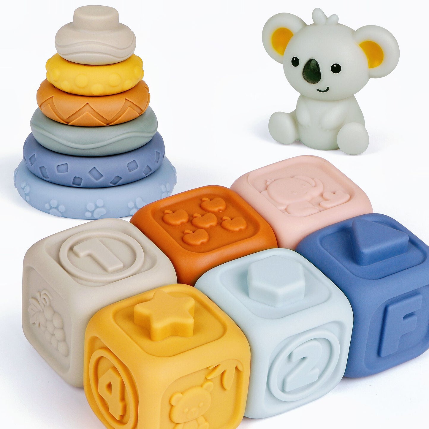 Montessori Toys for Babies, Soft Stacking Building Blocks Rings Sets, 3 in 1 Koala Sensory Baby Toys for Toddlers 1-3, Teething Bath Toys for Infants Learning Toys Gift