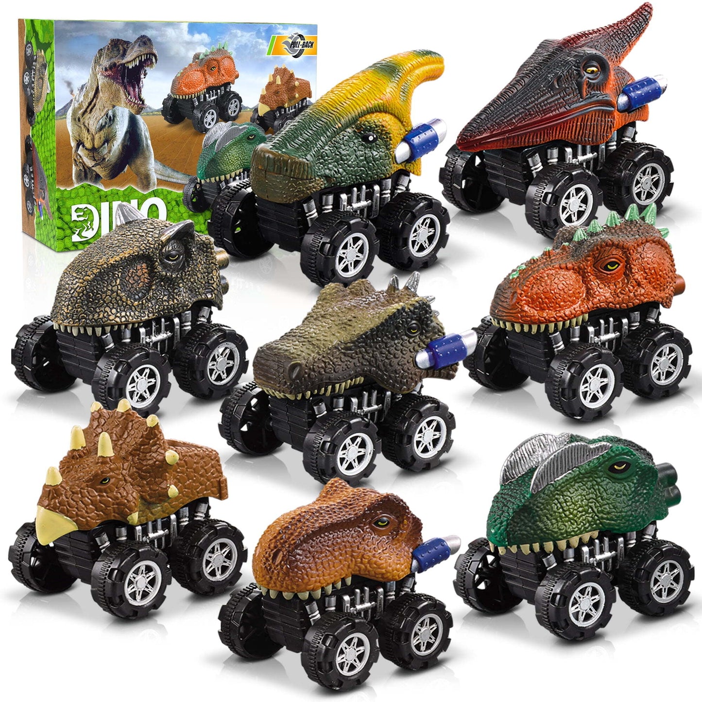 Dinosaur Toy Pull Back Cars, 8 Pack Dinosaur Car Toys Dinosaur Games with T-Rex Gift for 3-5 Year Old Boys and Toddlers