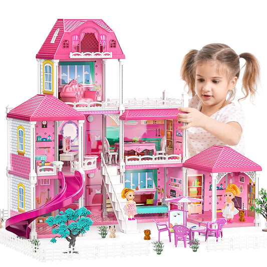 3-Story 8 Rooms Playhouse, with 2 Dolls Toy Figures, Dream House Doll House 7-8 for Girls, for Girl Boy Toys Age 3+