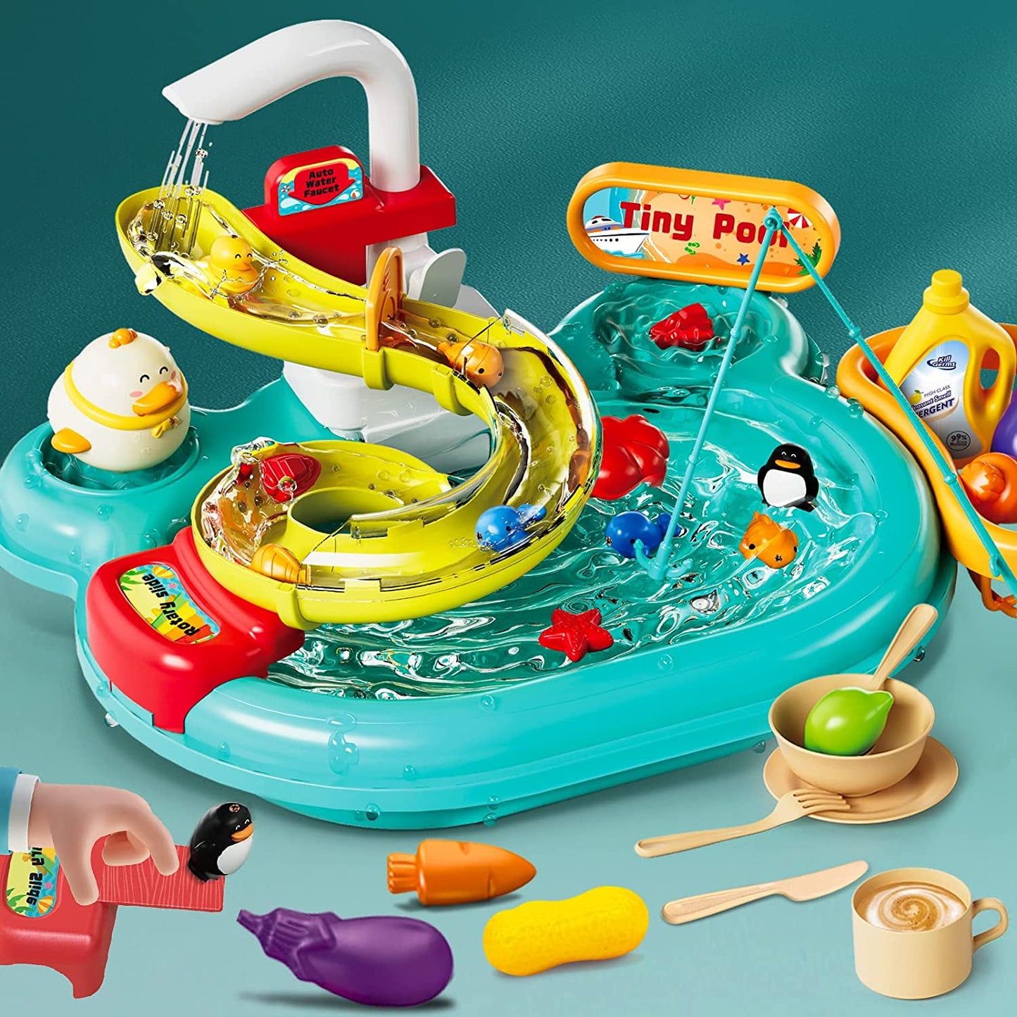 Kitchen Sink Toys, Children Electric Dishwasher Playing Toy with Running Water,2 in 1 Fishing Pool Toys Pretend Role Play Toys for Boys Girls 3 Years and Up