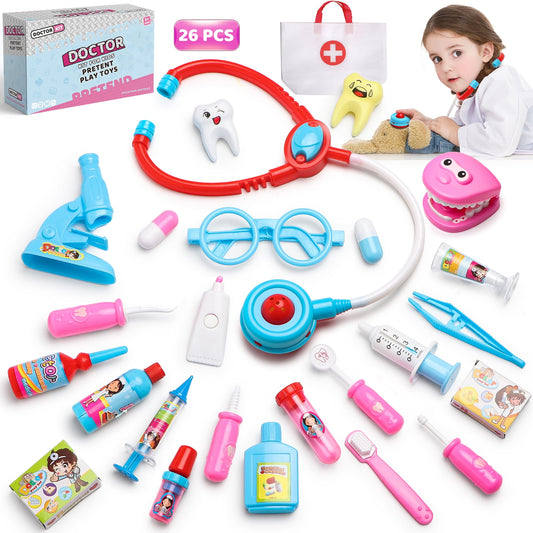 Pink&Blue Doctor Play Set for Toddlers, 26 Pieces Dentist Kit Pretend Play, Educational Toys Christmas Gift for Kids Girls Boys Aged 3 4 5+