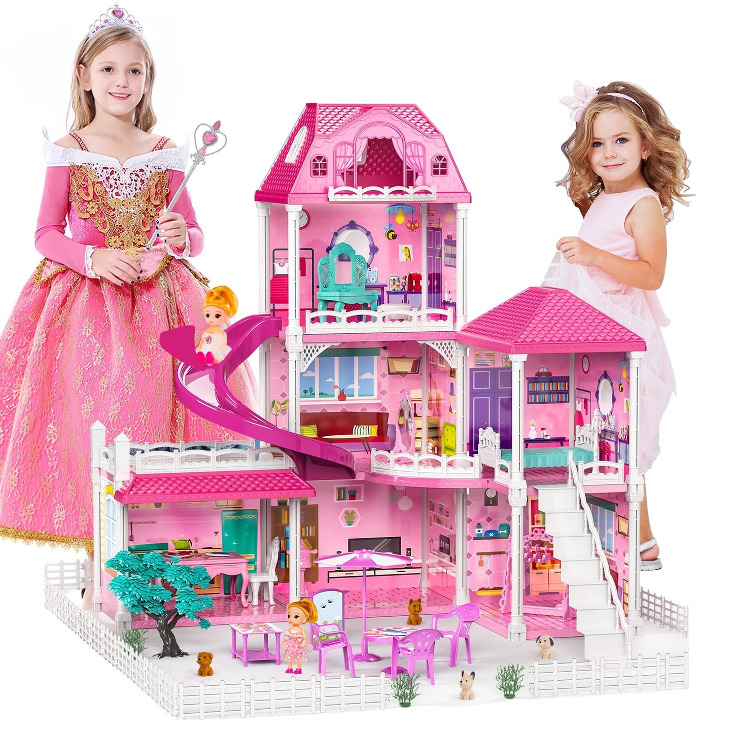 Dollhouse Toys for Girls, 6 Rooms Doll House Furnitures with Slide, Dream House Doll House for Girls Boys Age 3+