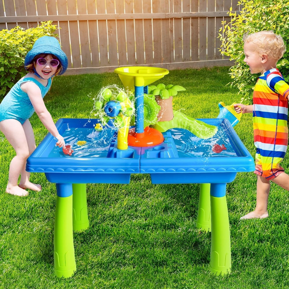 Water Table for Toddlers 1-3,Kids Beach Summer Toys Sandbox Table Outdoor Activity Sensory Play Table with Water Windmill and Tower, Animal Molds  for Toddlers Boys Girls