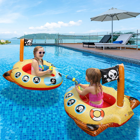 Inflatable Pirate Boat Pool Float for Kids with Built-in Squirt Gun, Inflatable Ride-on for Kids Aged 3-8 Years