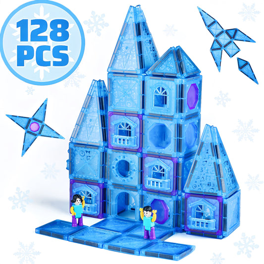 Magnetic Building Tiles Toy, Frozen Themed Playset for Boys Girls 3+, 128 PCS Interactive Building Blocks for Kids, Birthday Christmas Gift for Girls 3 4 5 6