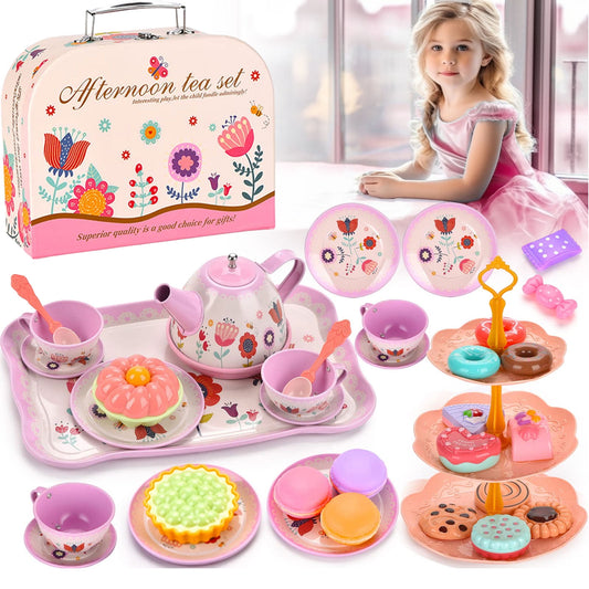 Tea Set for Little Girls, Princess Tea Time Toys Playset- Teapot Dishes Dessert & Carrying Case, Kitchen Pretend Play Tin Tea Party Set Gifts for Kids Toddlers Toy (Flower Desgin)