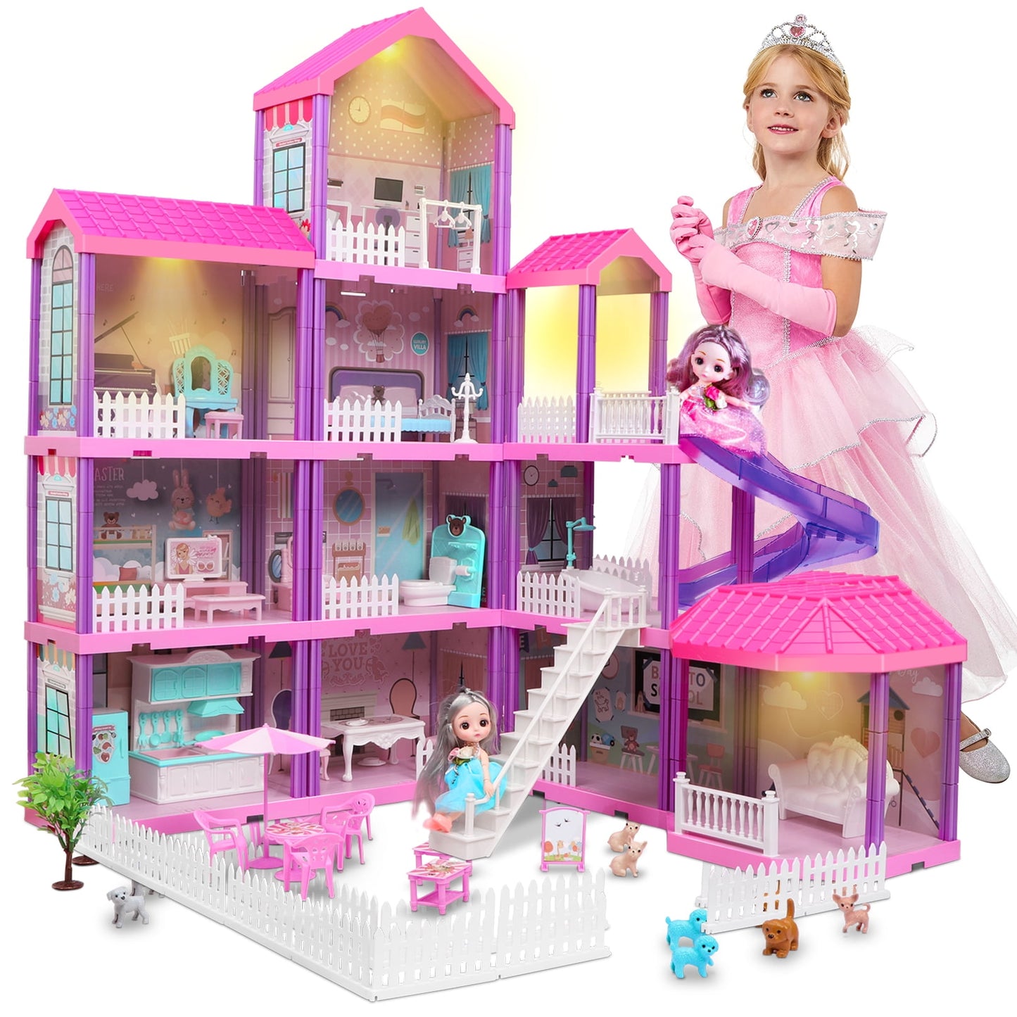 36 inch Dollhouse with Slide,Dolls and 11 Rooms,Creative Dollhouse Toys Gift for 3 to 8 Year Old Girls