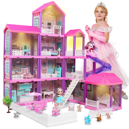 36 inch Dollhouse with Slide,Dolls and 11 Rooms,Creative Dollhouse Toys Gift for 3 to 8 Year Old Girls