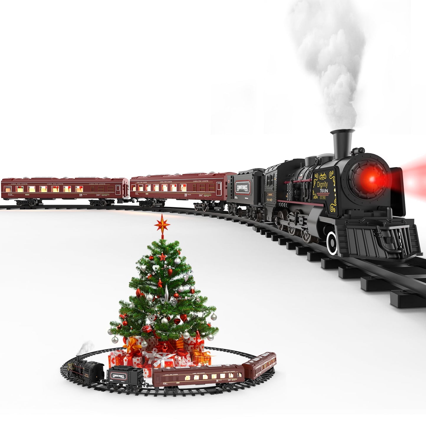 Model Train Set for Boys - Metal Alloy Electric Trains w/ Steam Locomotive,Passenger Carriages & Tracks,Train Toys w/ Smoke,Sounds & Lights,Christmas Toys for 3 4 5 6 7+ Years Old Kids