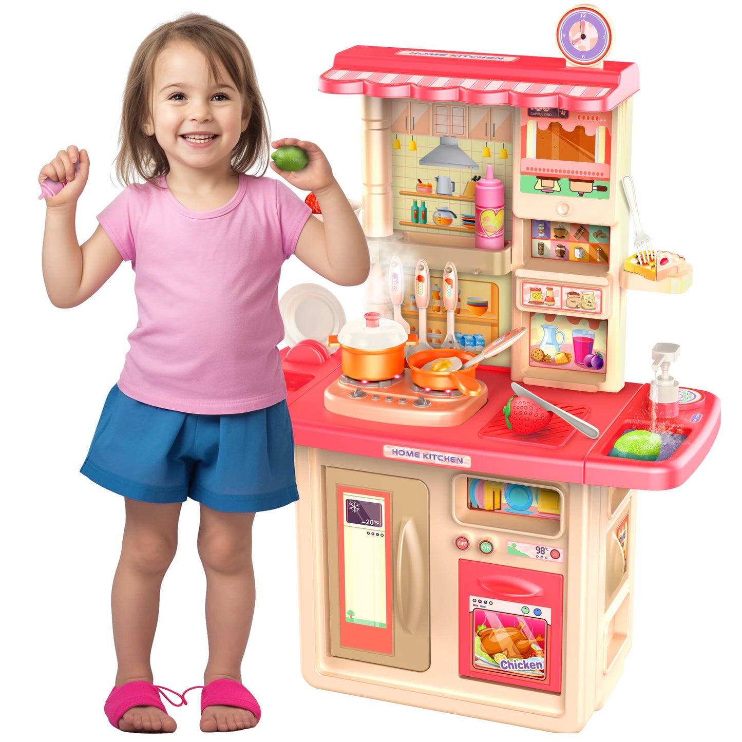 Pink Toddler Play Kitchen - Realistic Lights and Sounds, Ideal Gift for Boys and Girls Ages 1-3