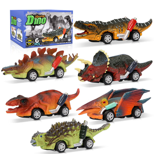 Dinosaur Toy Pull Back Cars, 6 Pack Dinosaur Car Toys with T-Rex Gift for 3-5 Year Old Boys and Toddlers