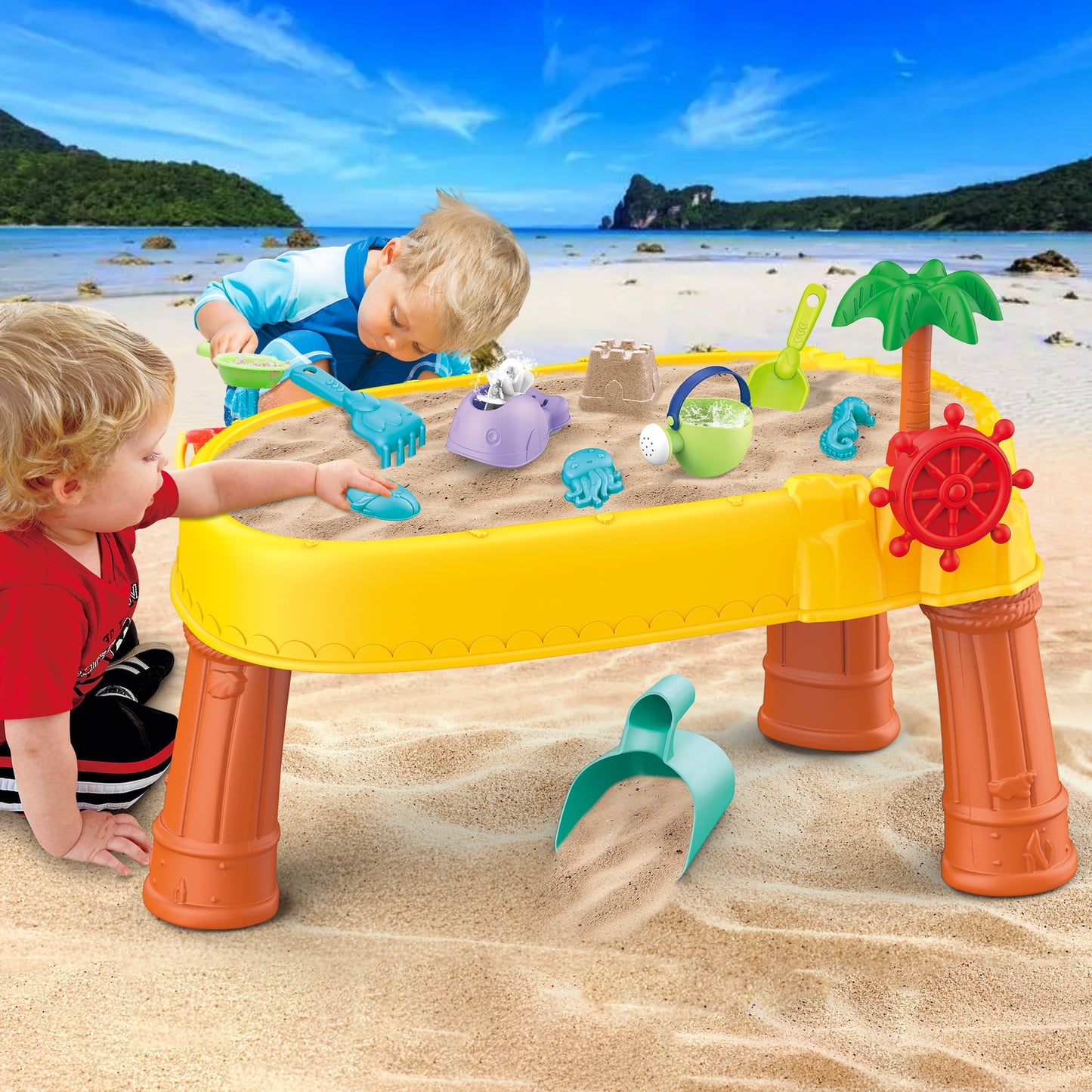 Sand Water Table Toys for Kids, Pond Activity Sensory Play Table Beach Summer Outdoor Toys for Toddlers 3+