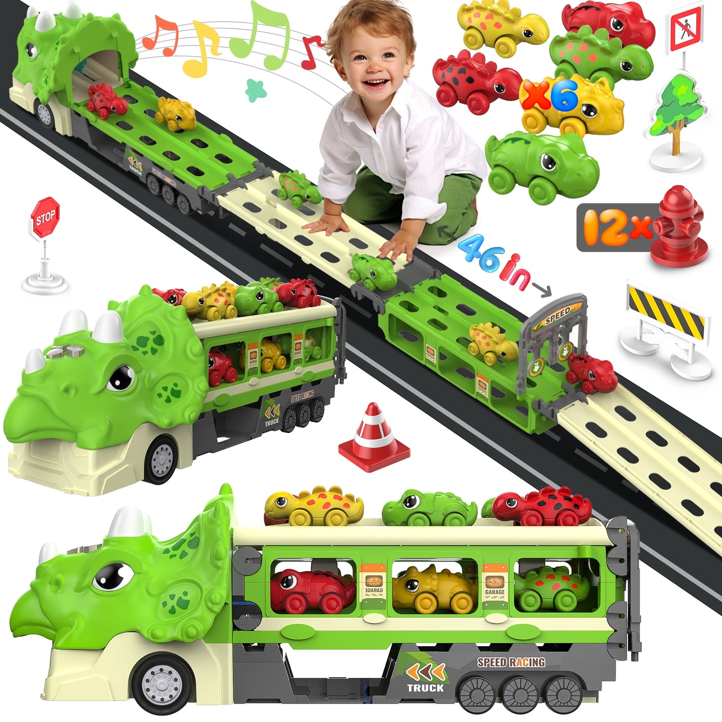 Dinosaur Truck Toys for Kids 3-5, Musical Dinosaur Truck Hauler Convert into Ejection Race Track, Truck Toy Car for Boys and Girls, Best Gift for Baby & Toddler Toys