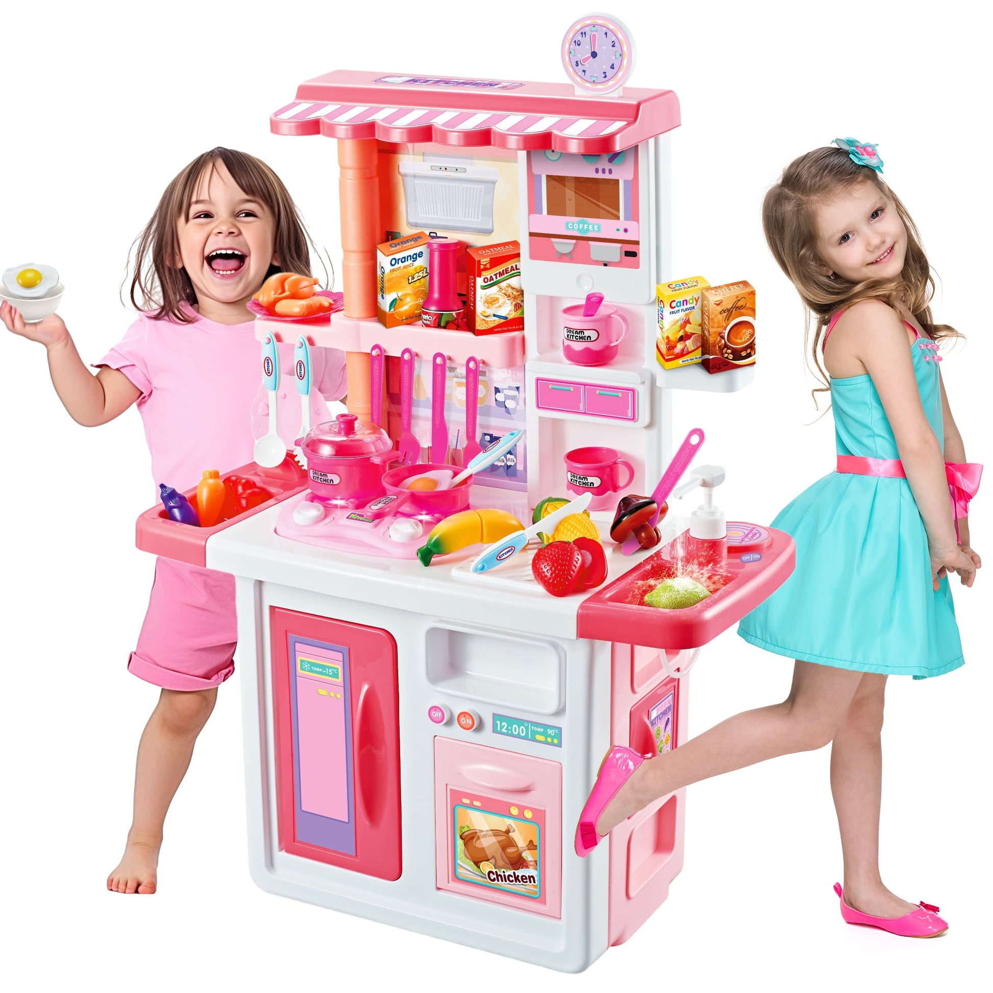 34 inch Pink Play Kitchen Toy Set for Toddlers, Encourage