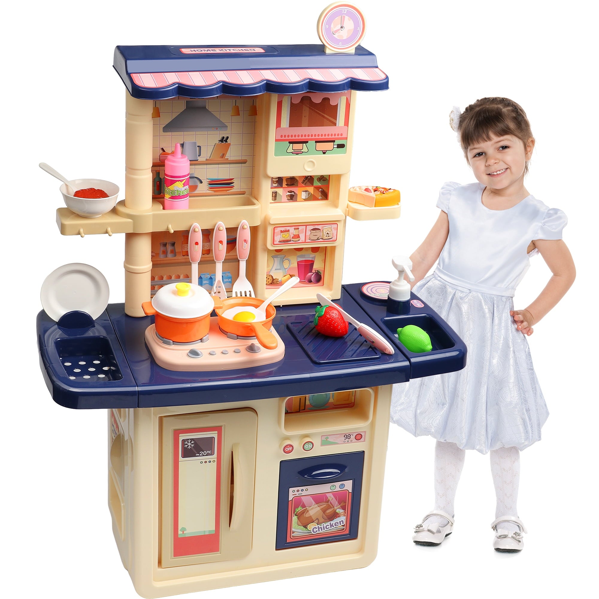 34 inch Blue Toddler Play Kitchen - Realistic Lights and ...