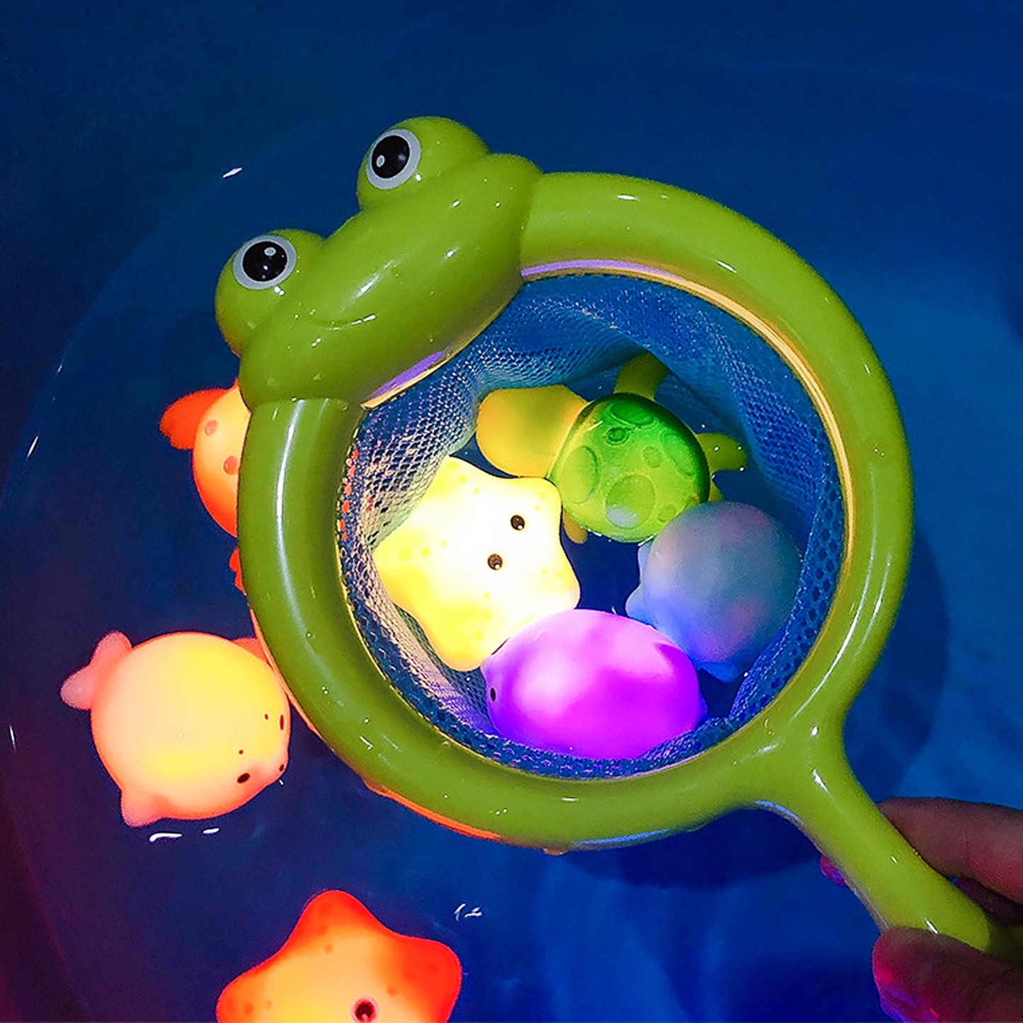 Bath Toys,4 Pcs Light Up Floating Rubber Animal Toys Set with Fishing net, Bathtub Tub Toy for Toddlers Baby Kids