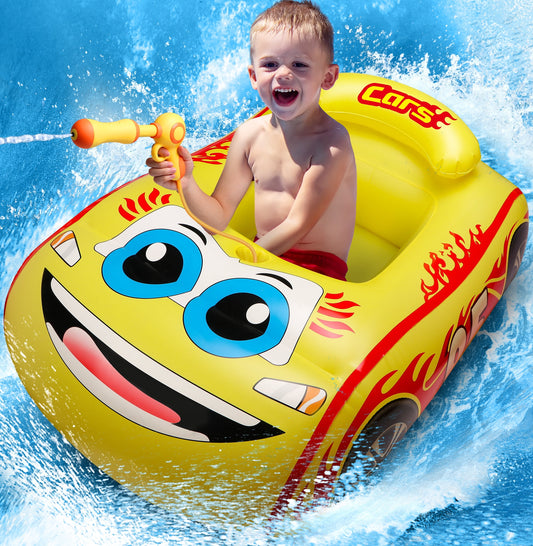 Inflatable Swimming Pool Float Kids, Cute Car Boat Floats with Steering Wheel, Summer Outdoor Toys for Toddler Boys Girls Kids 1-3