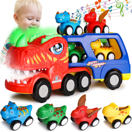 Dinosaur Truck Car for 2 3 4 5 Years Old Boys, with 4 Pack Small Pull Back Dino Car, Transport Carrier Truck Set Christmas Birthday Gift for 18M+ Kids Toddler