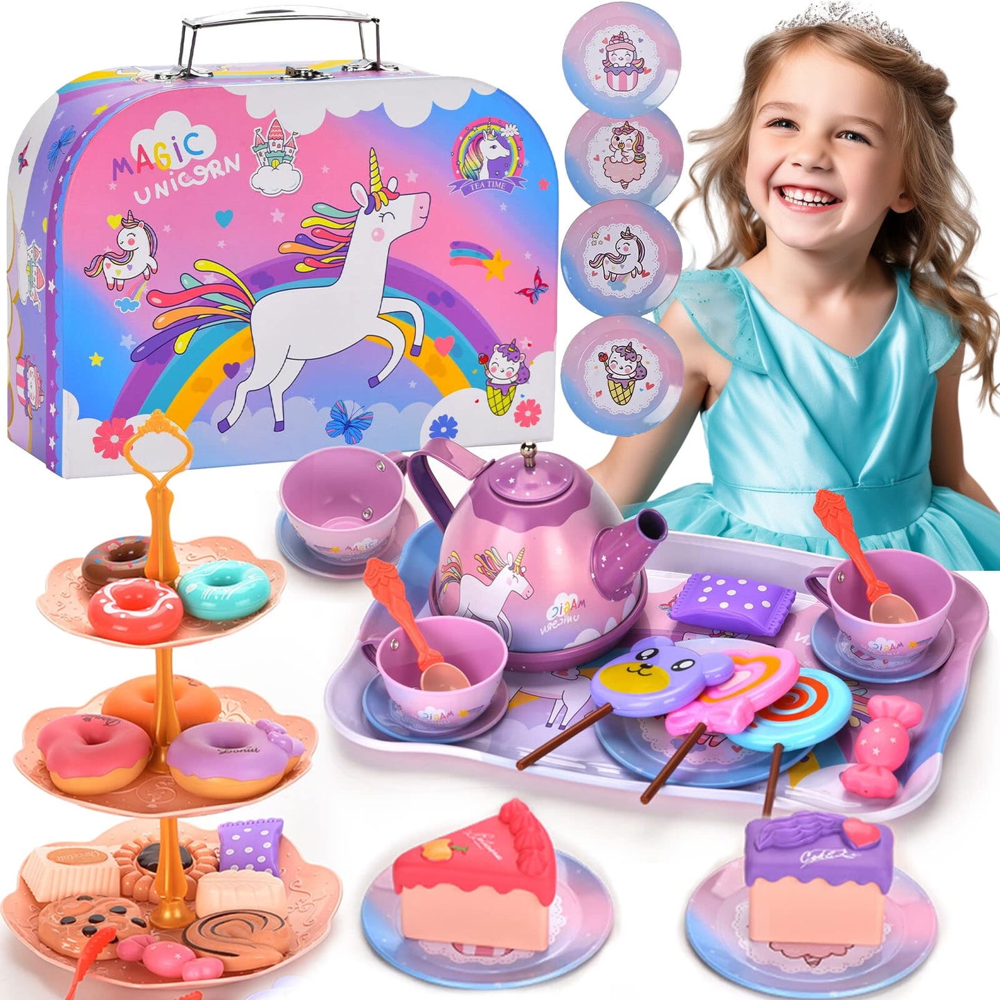 Unicorn Tea Party Set for Little Girls, 48pcs Princess Tea Time Kitchen Pretend Play Toys, Including Dessert Cookies Teapot, Birthday Christmas Gift for Girls Age 3-6